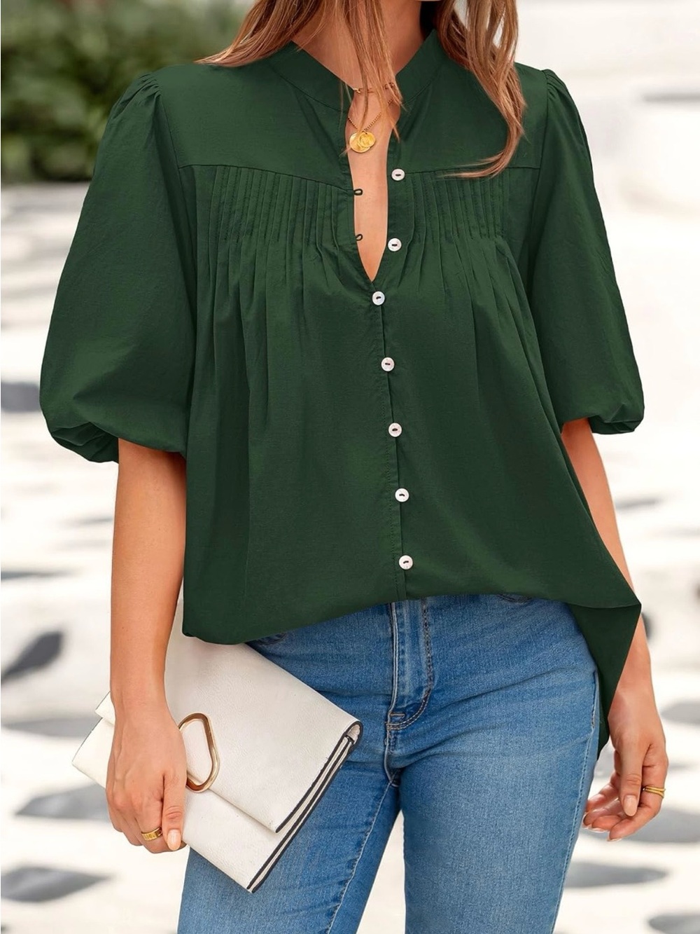 Pintuck Dark Green Button-Front Puff Sleeve Blouse